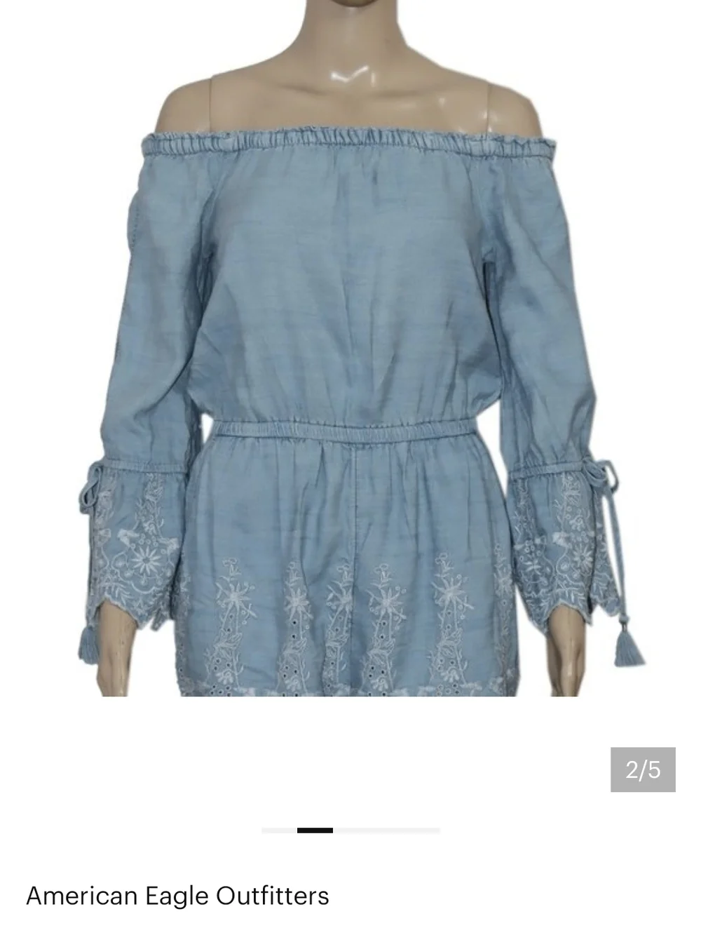 American Eagle Light Blue Off‑Shoulder Embroidered Tie‑Waist Romper Size  XL - Picture 2 of 8
